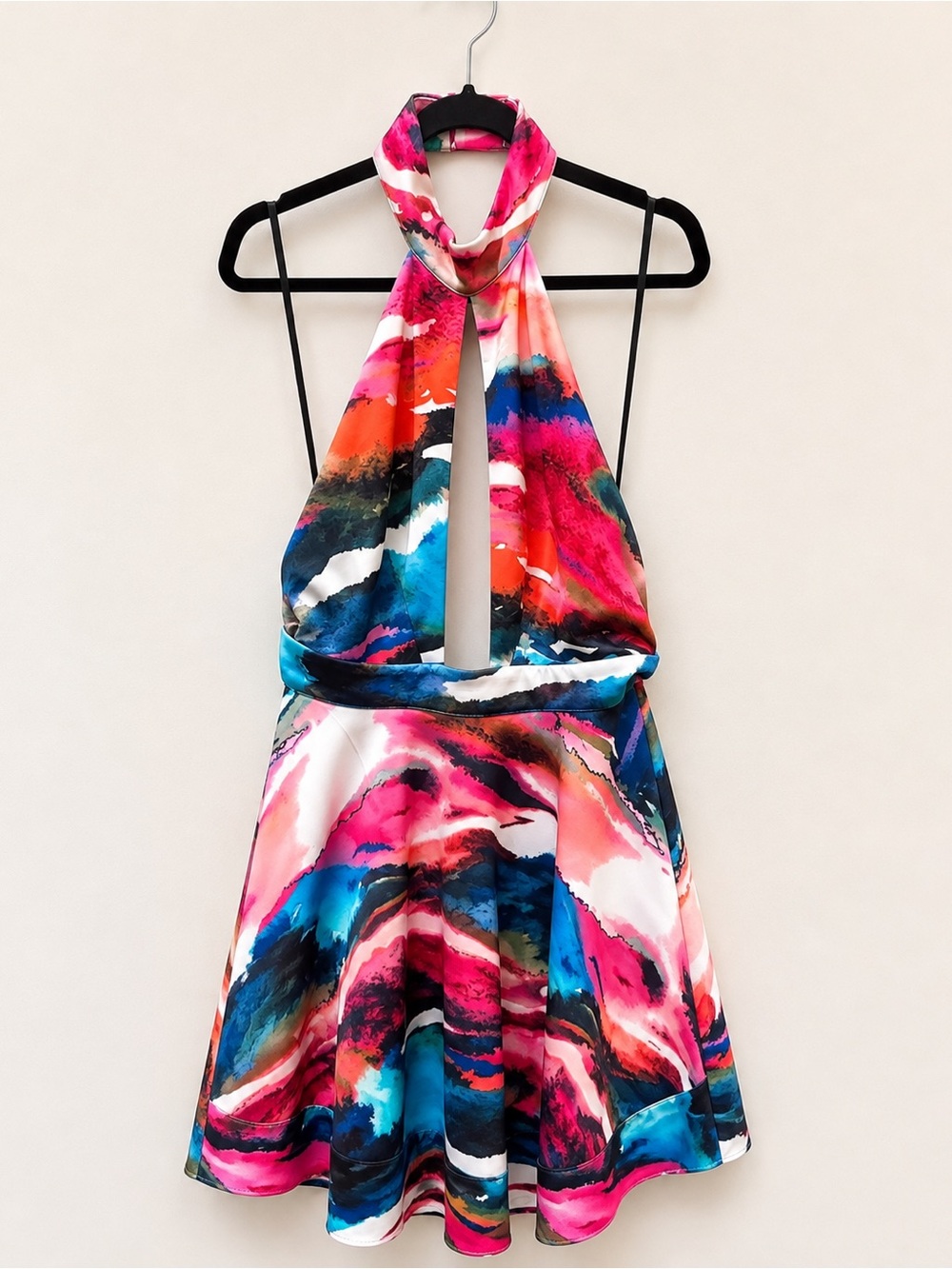 BEBE Y2K Scuba Watercolor Print Halter Dress